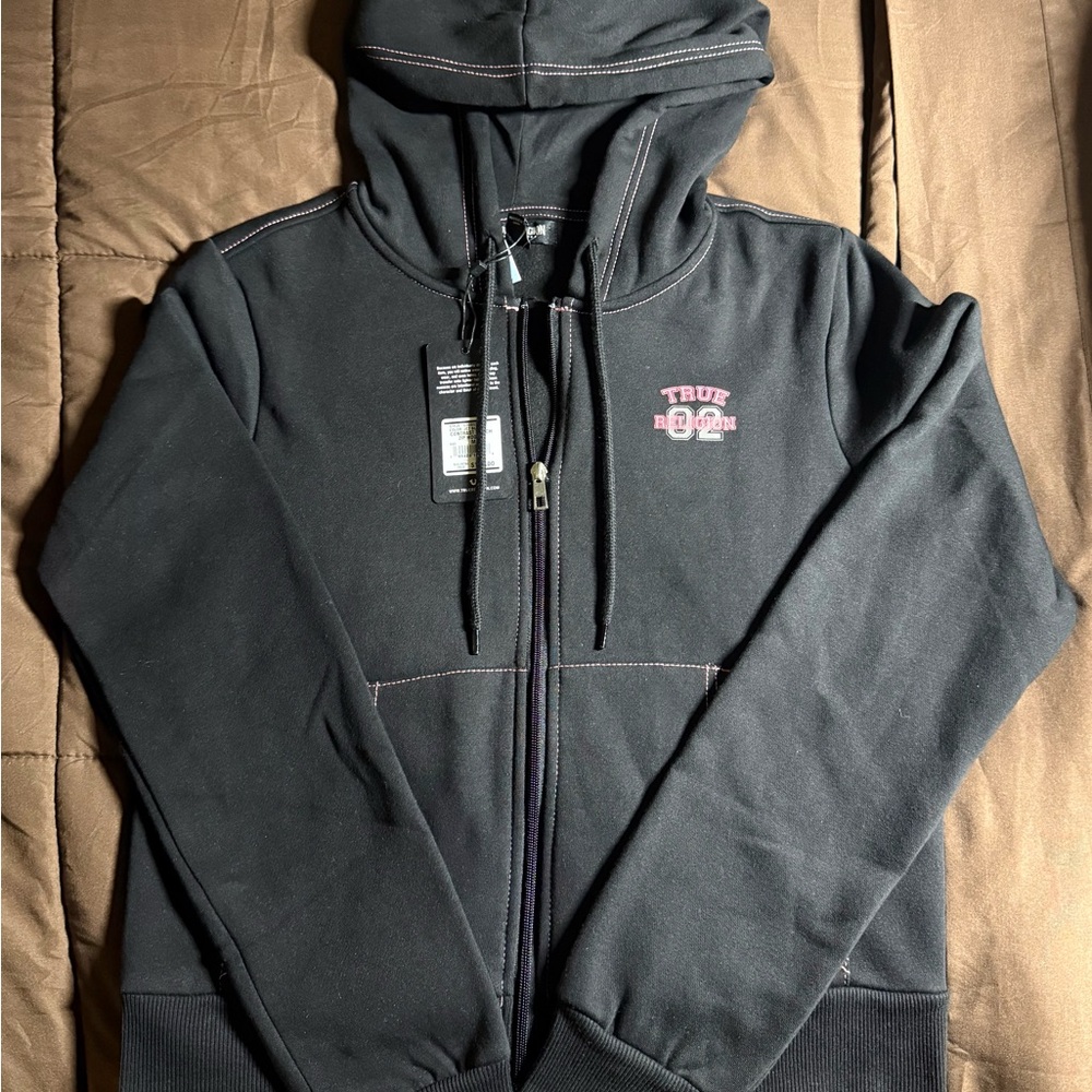 True Religion Jet Black Contrast Stitch Zip Hoodie